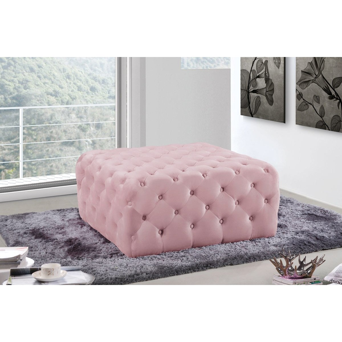 Meridian Furniture Ariel Pink Velvet Ottoman/Bench-Minimal & Modern