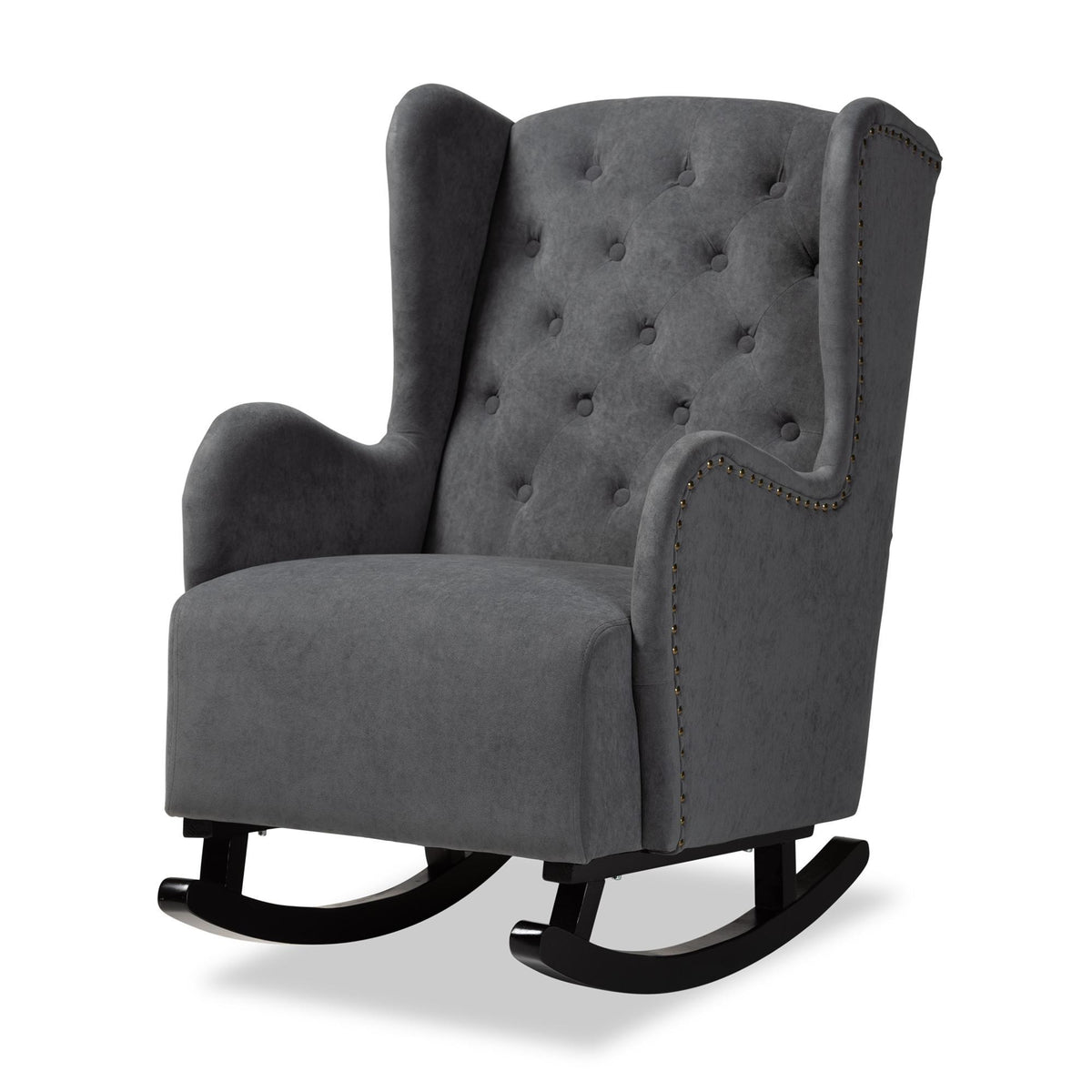 Baxton Studio Jamir Classic And Traditional Grey Fabric Upholstered And Dark Brown Finished Wood Rocking Chair - HH-036-Velvet Grey-Rocking Chair