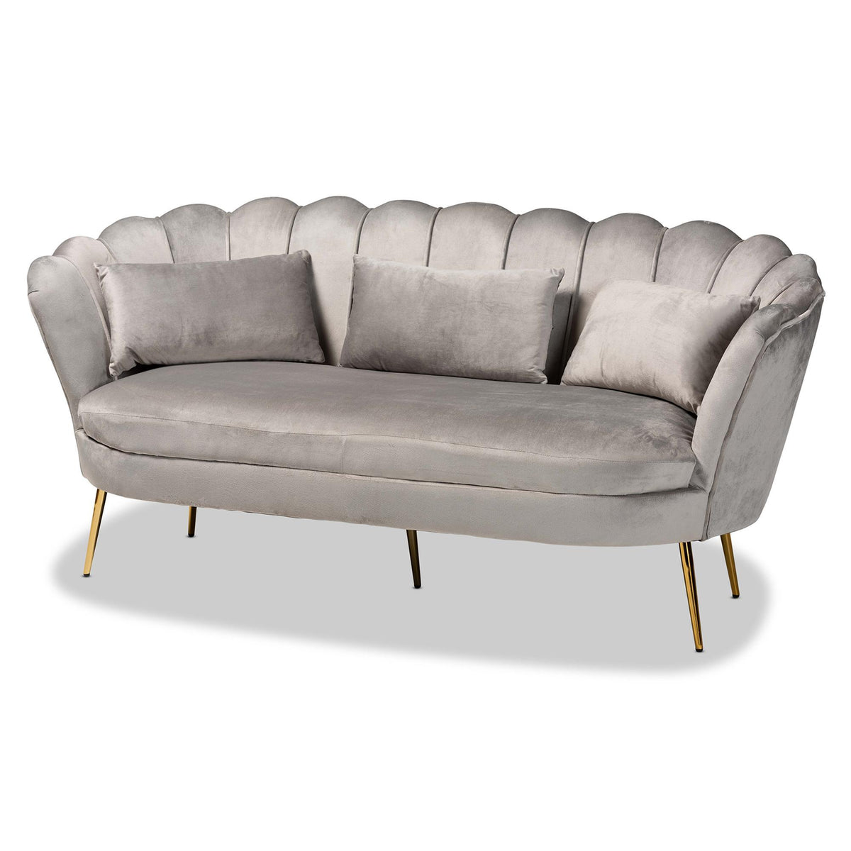 Baxton Studio Genia Contemporary Glam And Luxe Grey Velvet Fabric Upholstered And Gold Metal Sofa - DC-02T-Shiny Velvet Light Grey-Sofa