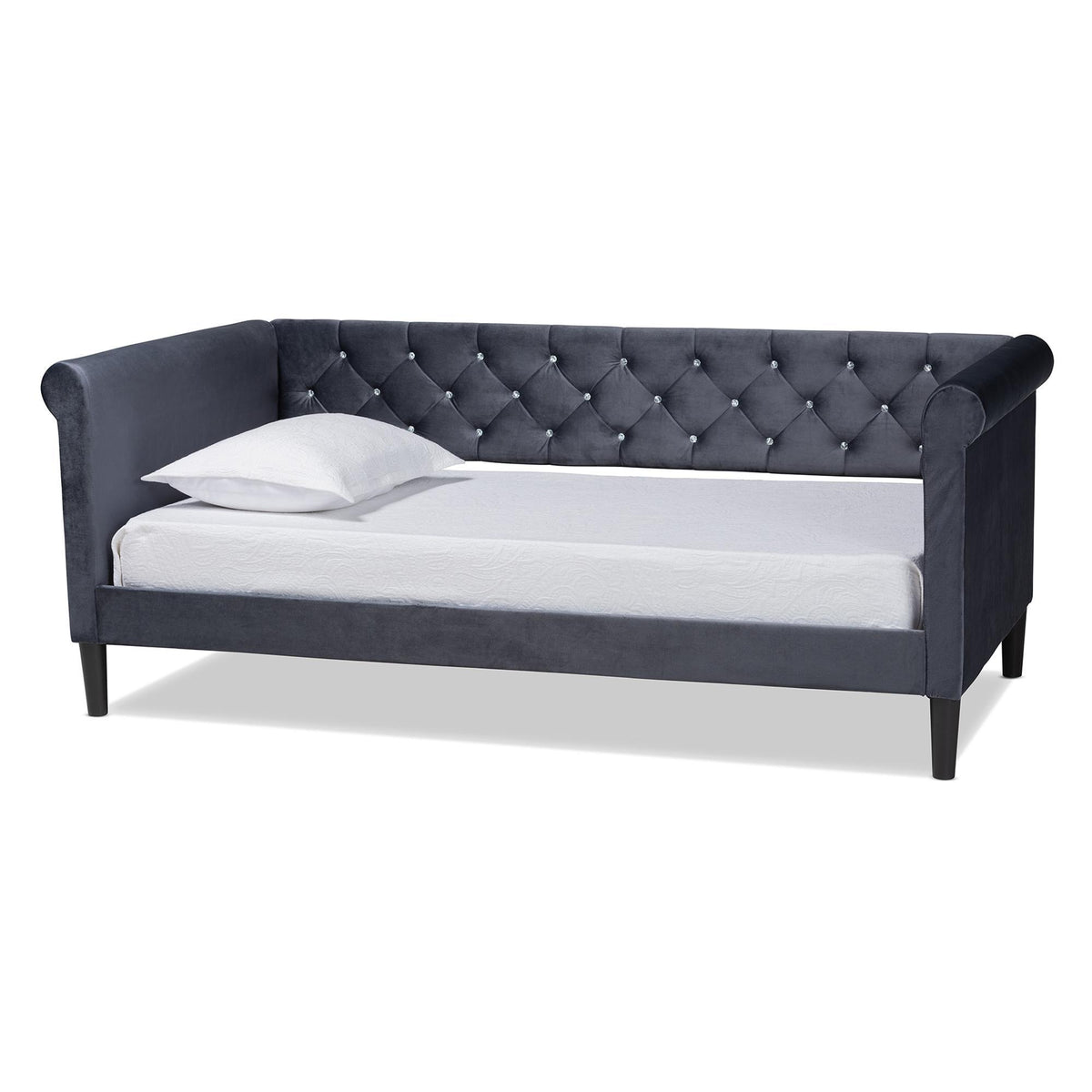 Baxton Studio Cora Modern And Contemporary Grey Velvet Fabric Upholstered And Dark Brown Finished Wood Full Size Daybed - Cora-Grey Velvet-Daybed-Full