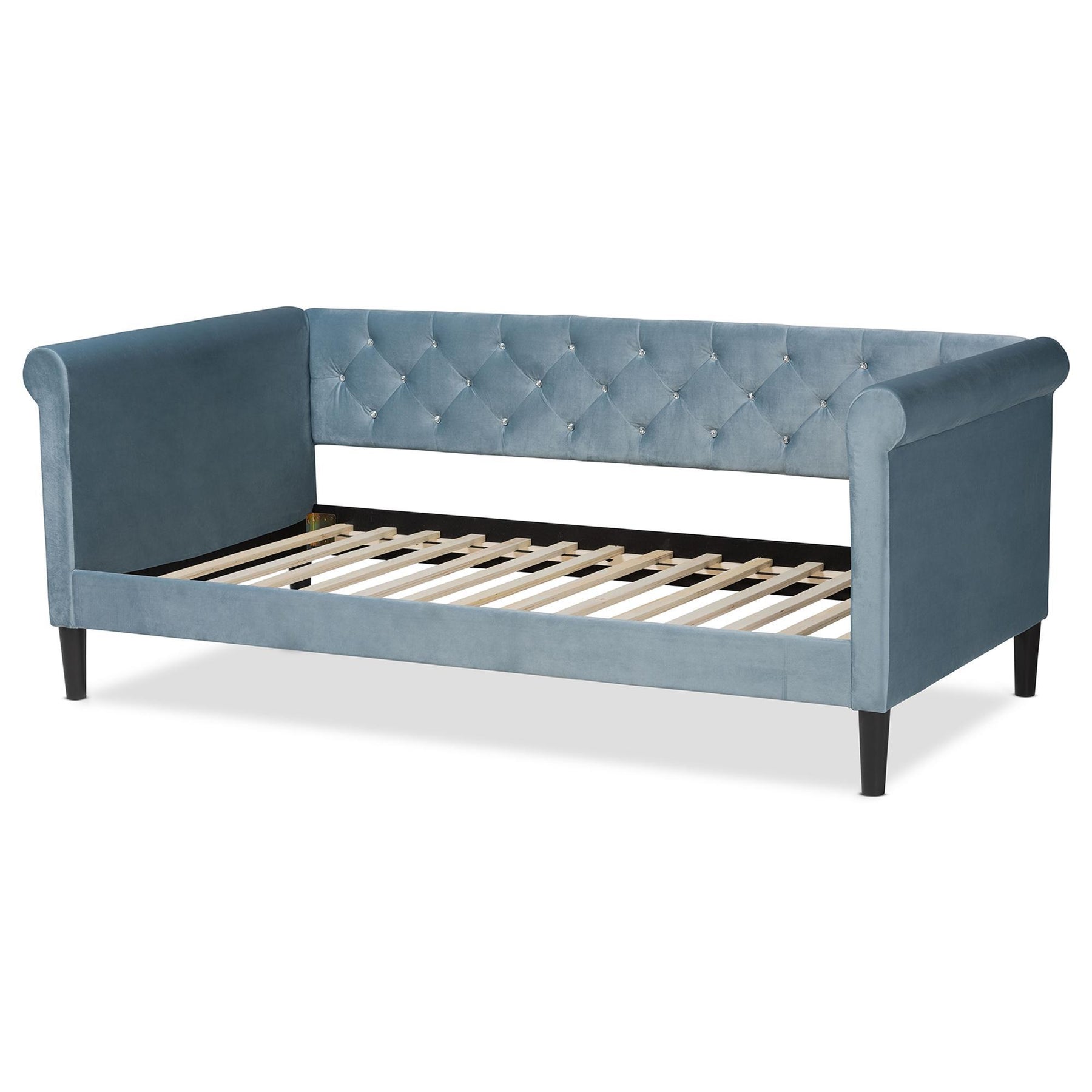 Baxton Studio Cora Modern And Contemporary Light Blue Velvet Fabric Upholstered And Dark Brown Finished Wood Full Size Daybed - Cora-Light Blue Velvet-Daybed-Full