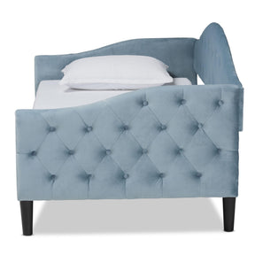 Baxton Studio Benjamin Modern And Contemporary Light Blue Velvet Fabric Upholstered And Dark Brown Finished Wood Full Size Daybed - Benjamin-Light Blue Velvet-Daybed-Full