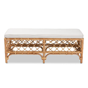 Baxton Studio Orchard Modern Bohemian White Fabric Upholstered And Natural Brown Rattan Bench - Orchard-Rattan-Bench