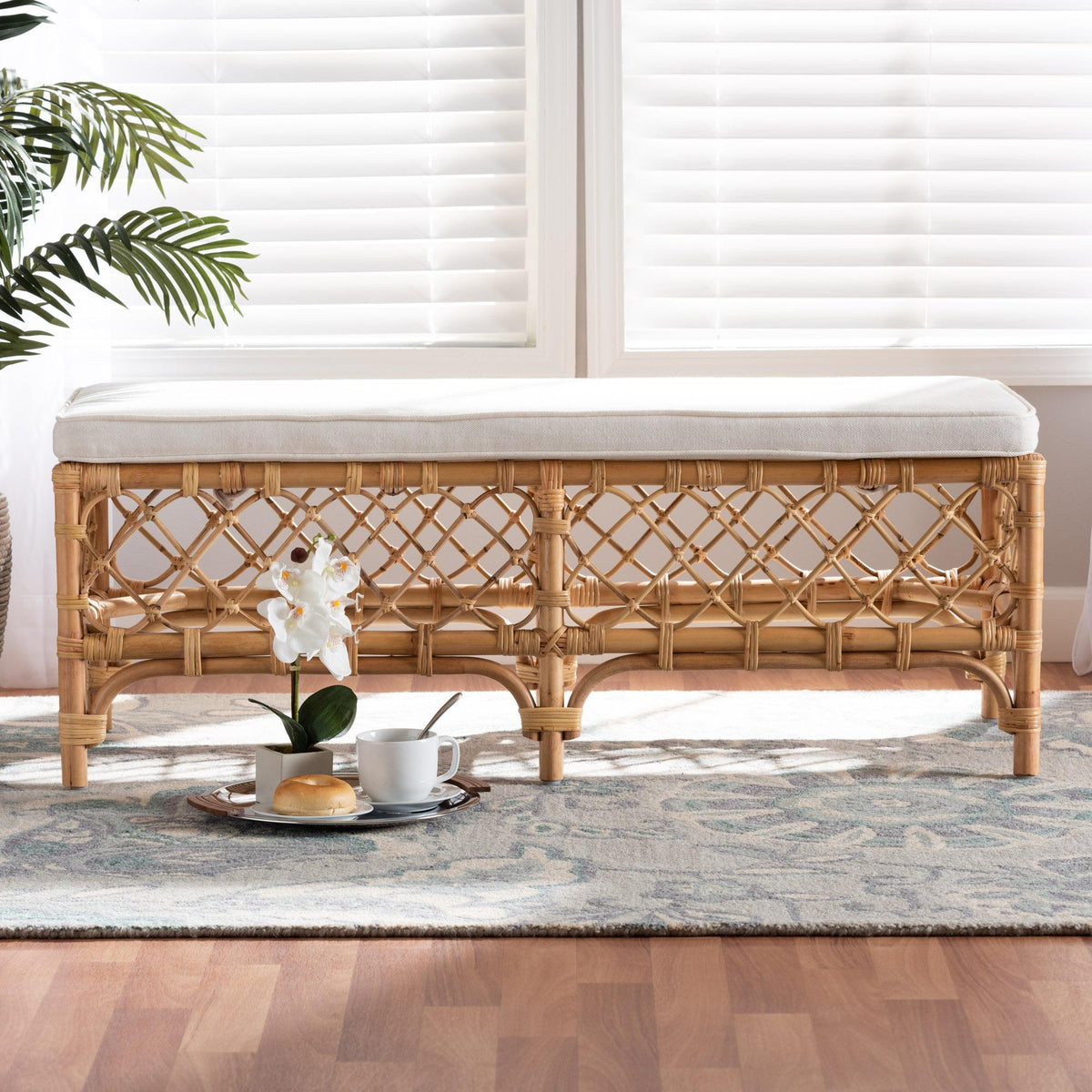 Baxton Studio Orchard Modern Bohemian White Fabric Upholstered And Natural Brown Rattan Bench - Orchard-Rattan-Bench