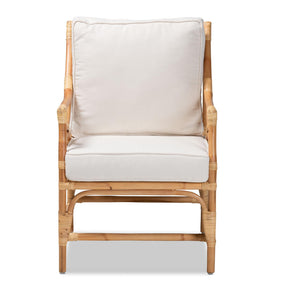 Baxton Studio Brandon Modern Bohemian White Fabric Upholstered And Natural Brown Rattan Armchair - Brandon-Rattan-Armchair
