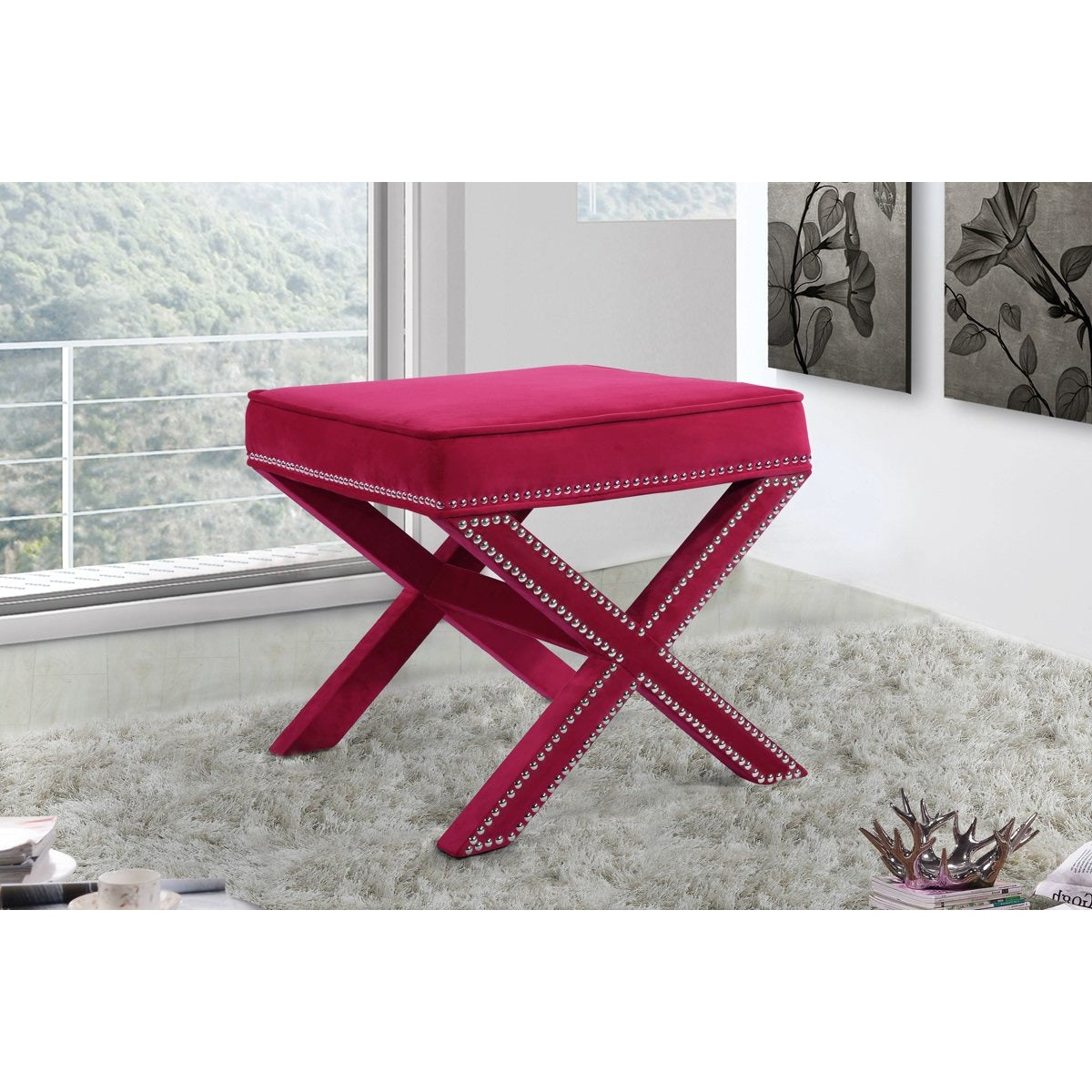 Meridian Furniture Nixon Pink Velvet Ottoman/Bench-Minimal & Modern