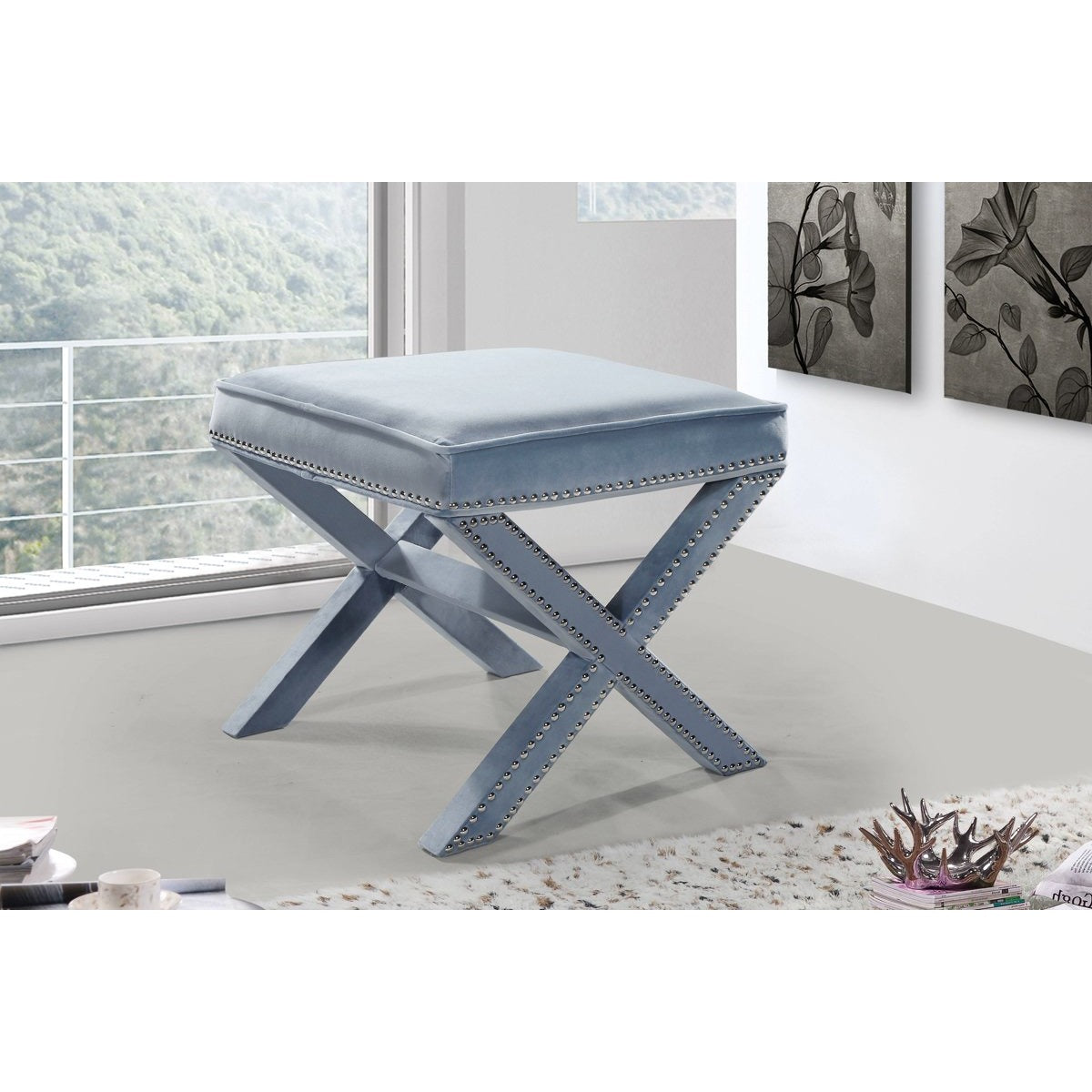 Meridian Furniture Nixon Sky Blue Velvet Ottoman/Bench-Minimal & Modern