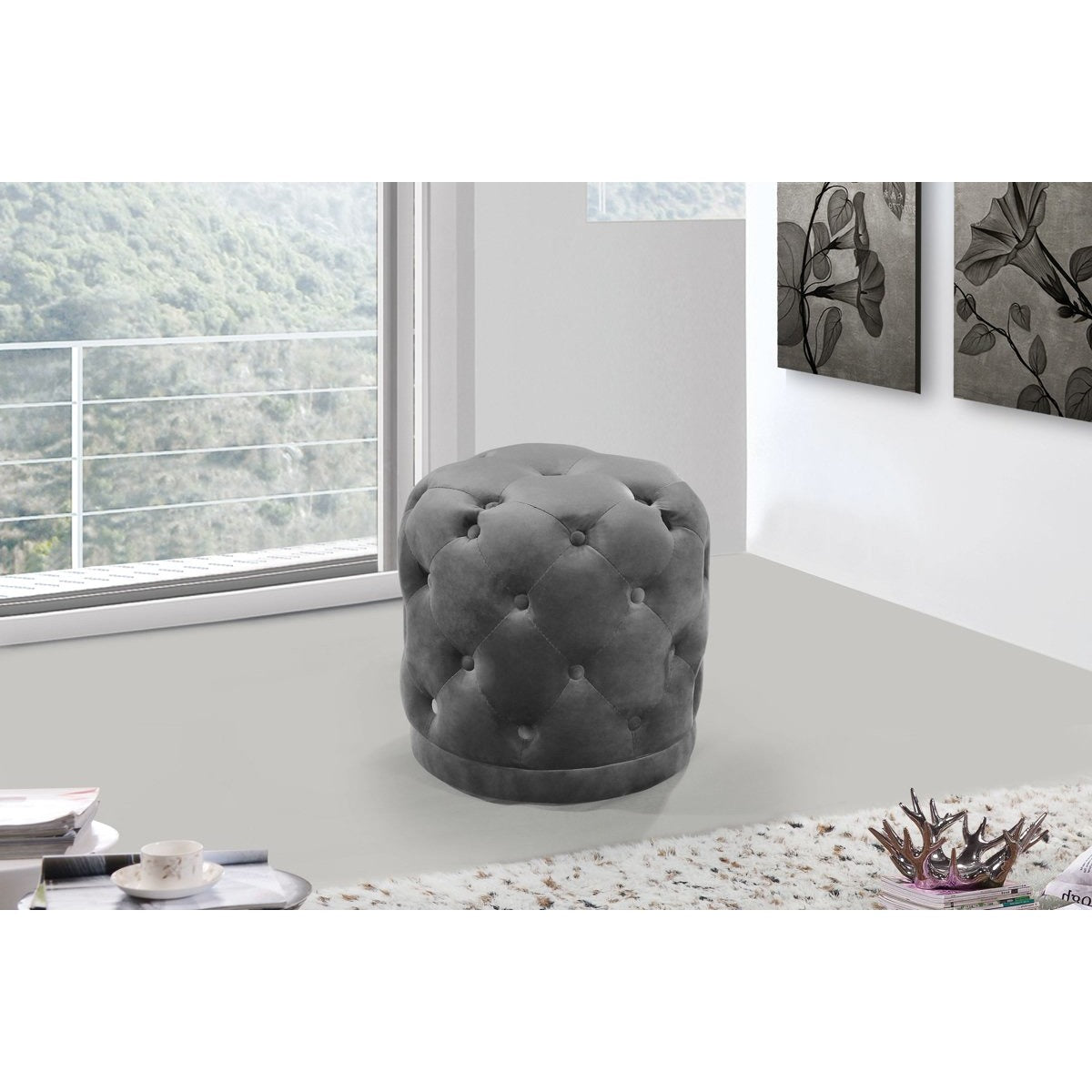 Meridian Furniture Harper Grey Velvet Ottoman/Stool-Minimal & Modern