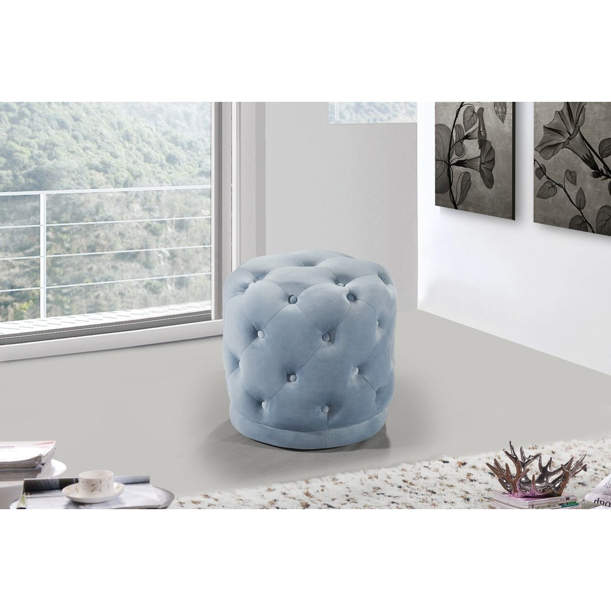 Meridian Furniture Harper Sky Blue Velvet Ottoman/Stool-Minimal & Modern