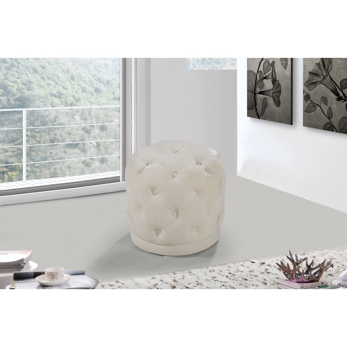 Meridian Furniture Harper Cream Velvet Ottoman/Stool-Minimal & Modern