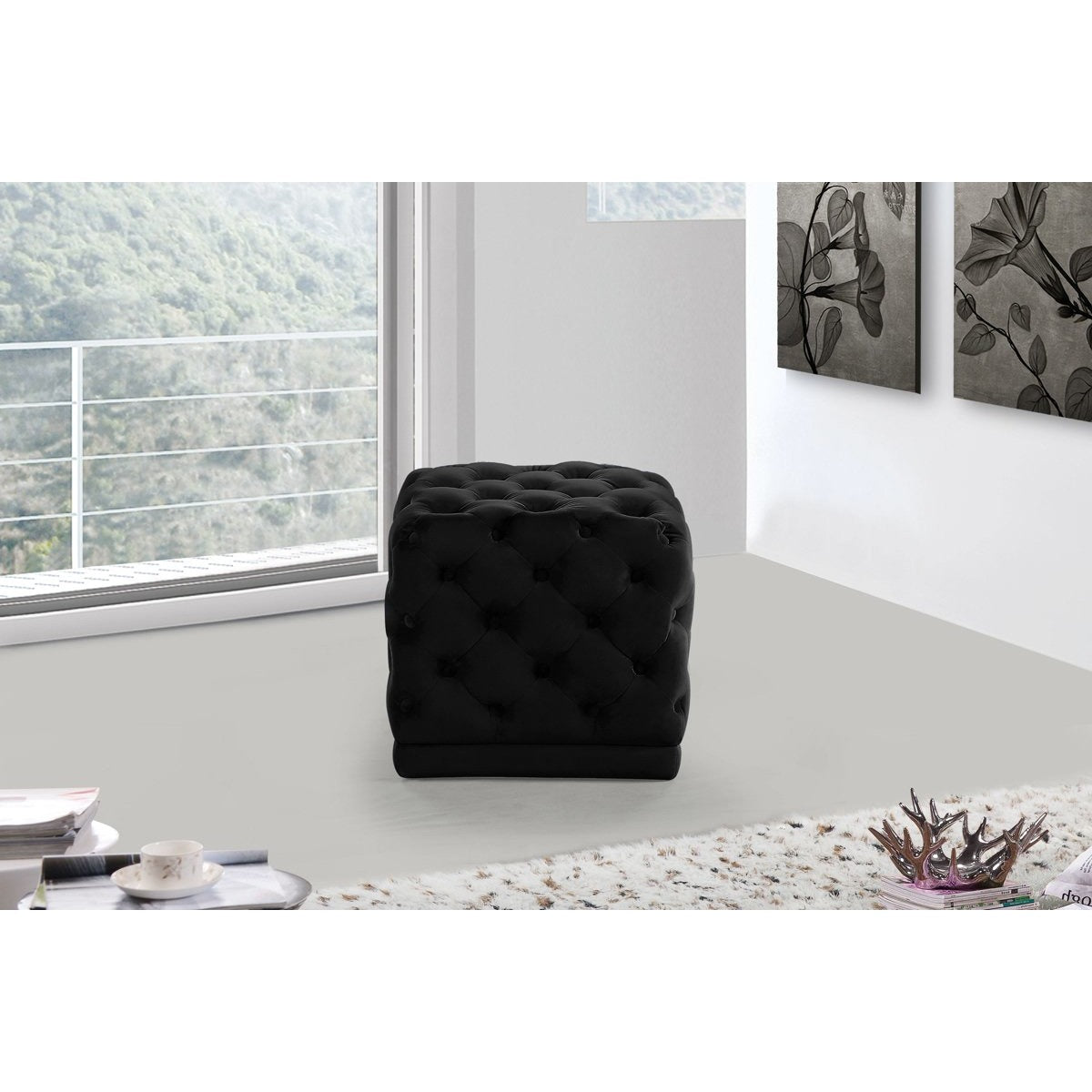 Meridian Furniture Stella Black Velvet Ottoman/Stool-Minimal & Modern