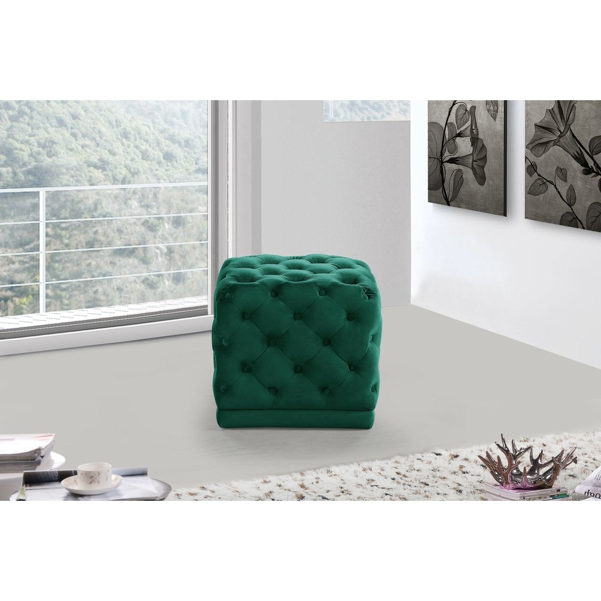 Meridian Furniture Stella Green Velvet Ottoman/Stool-Minimal & Modern