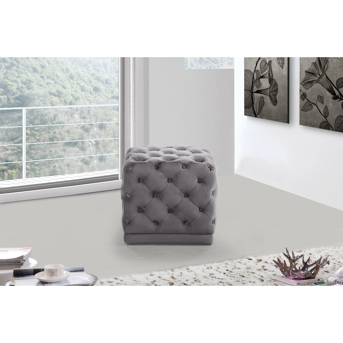 Meridian Furniture Stella Grey Velvet Ottoman/Stool-Minimal & Modern