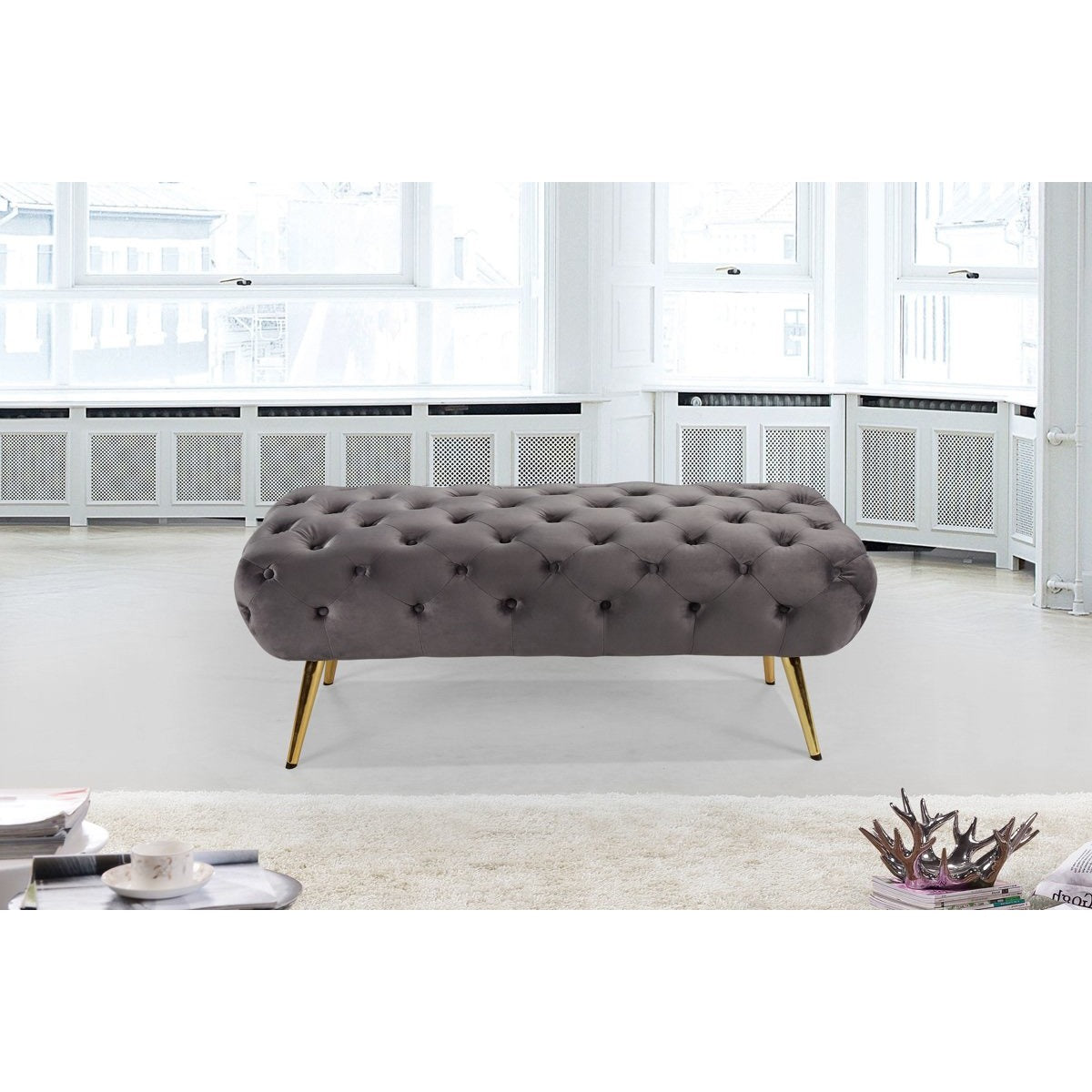 Meridian Furniture Amara Grey Velvet Bench-Minimal & Modern