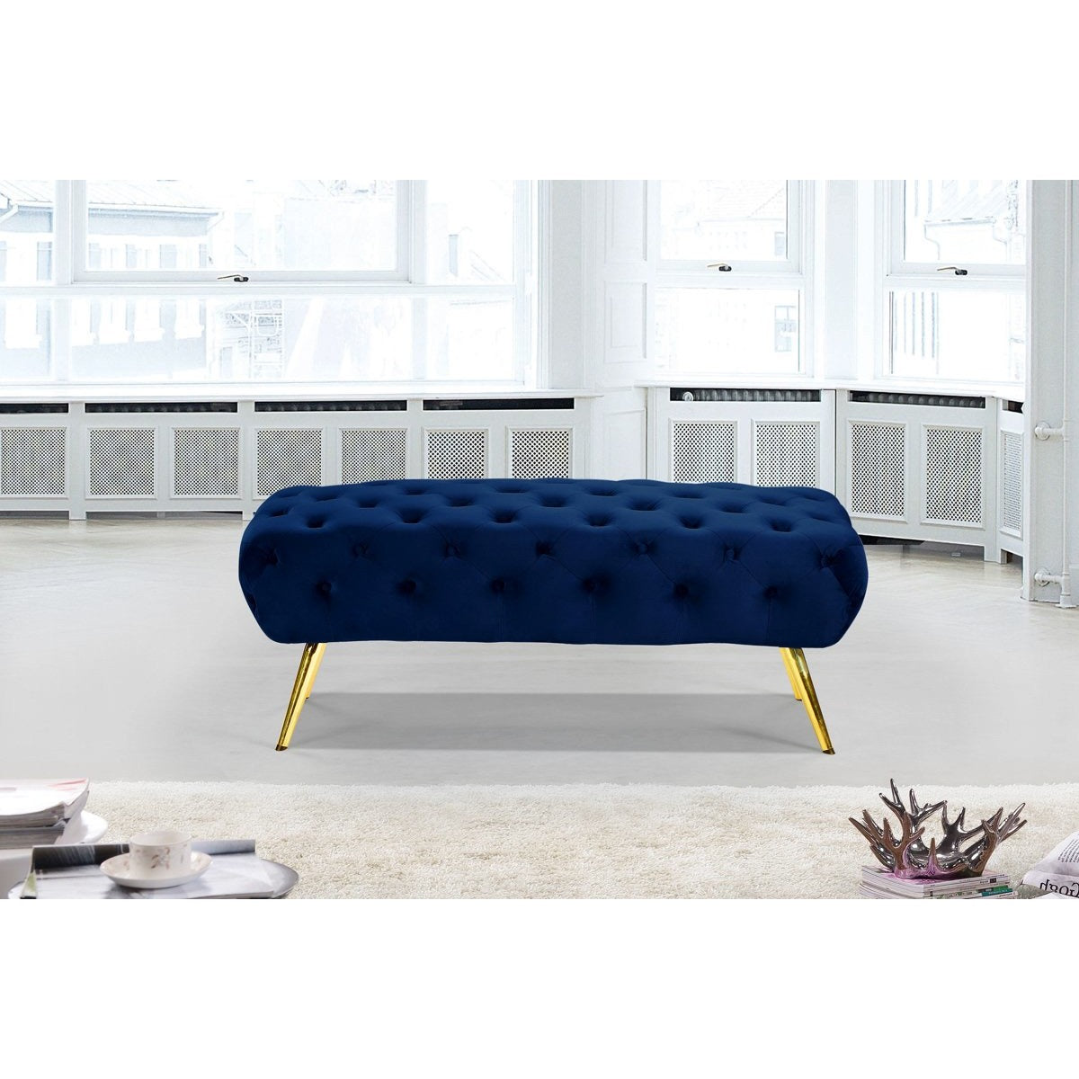 Meridian Furniture Amara Navy Velvet Bench-Minimal & Modern