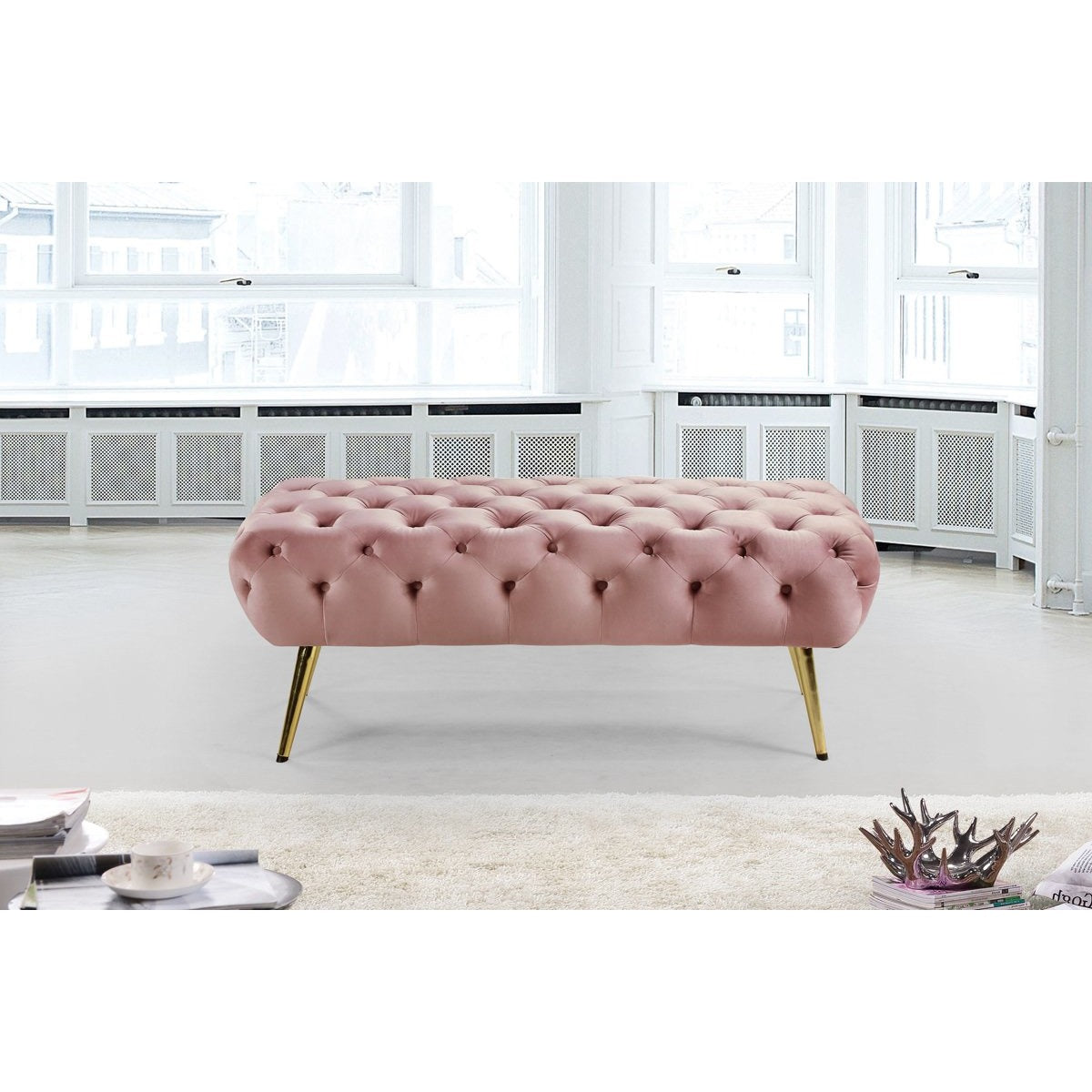 Meridian Furniture Amara Pink Velvet Bench-Minimal & Modern