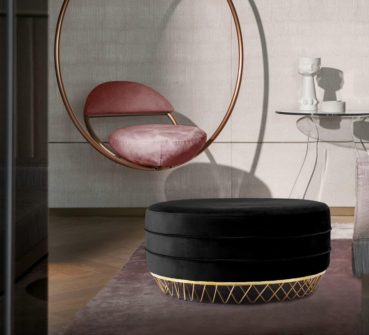 Meridian Furniture Revolve Black Velvet Ottoman/Coffee Table