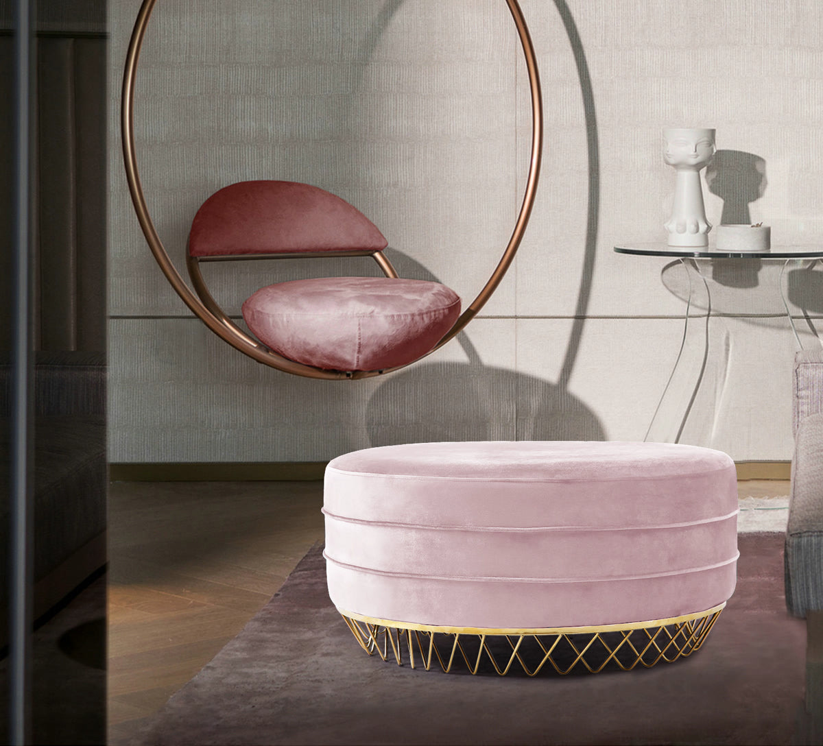 Meridian Furniture Revolve Pink Velvet Ottoman/Coffee Table
