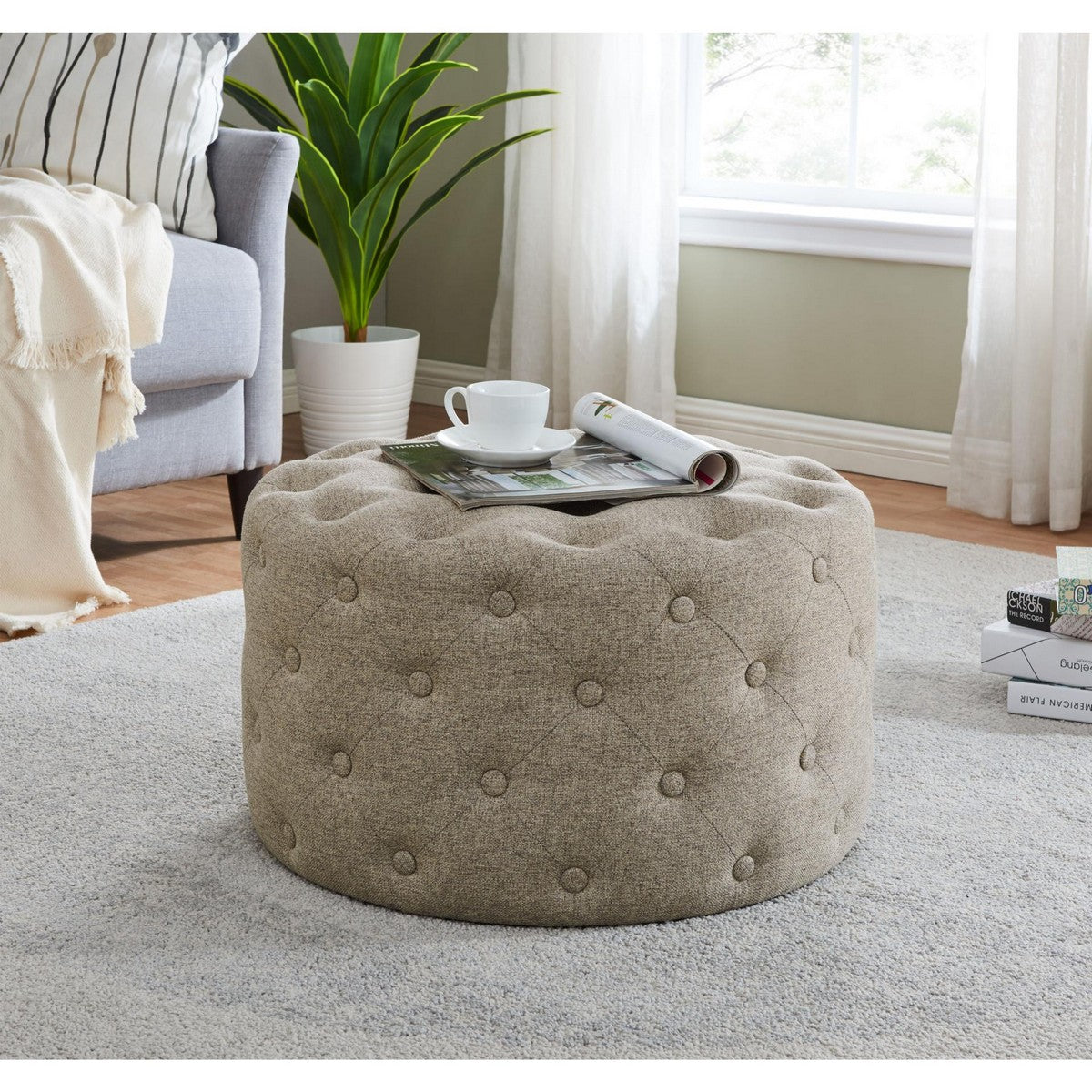 Lulu Round Fabric Tufted Ottoman by New Pacific Direct - 1600073