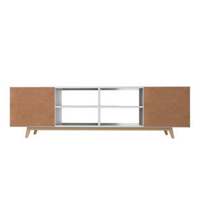 Manhattan Comfort Mid-Century - Modern Jones 63" TV Stand in with 8 Shelves White and Pine Wood