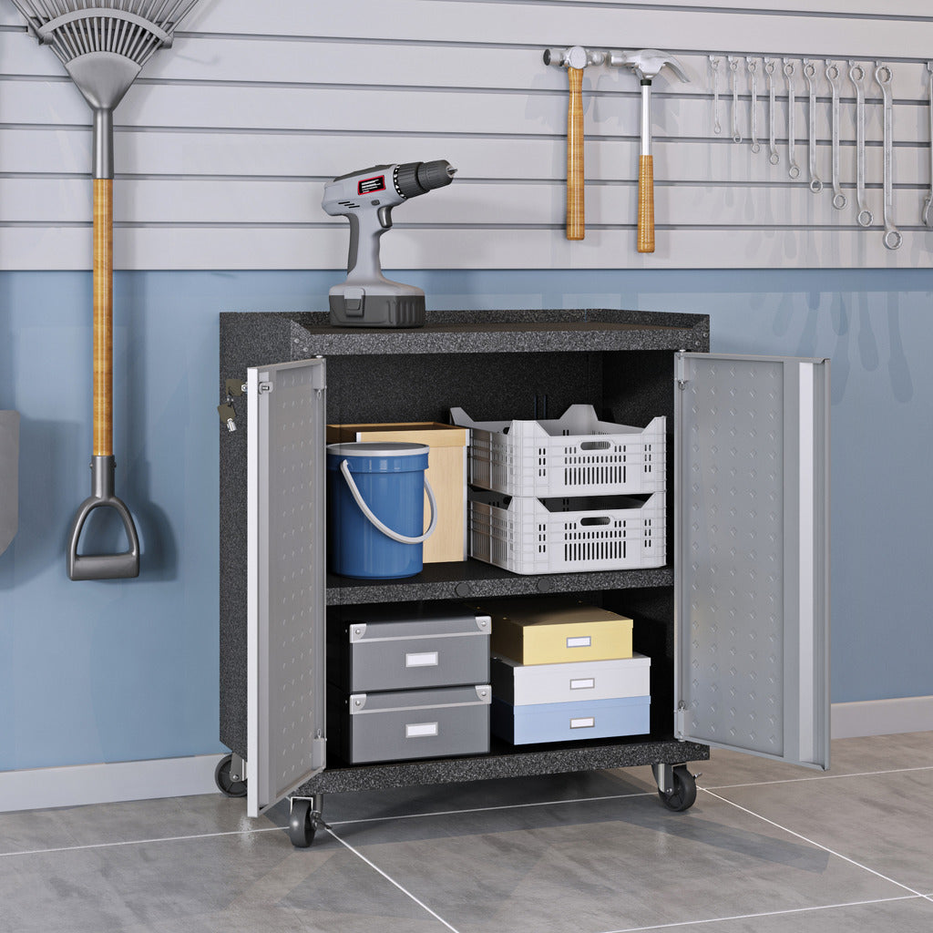 Manhattan Comfort 3-Piece Fortress Mobile Space-Saving Steel Garage Cabinet and Worktable 3.0 in Grey