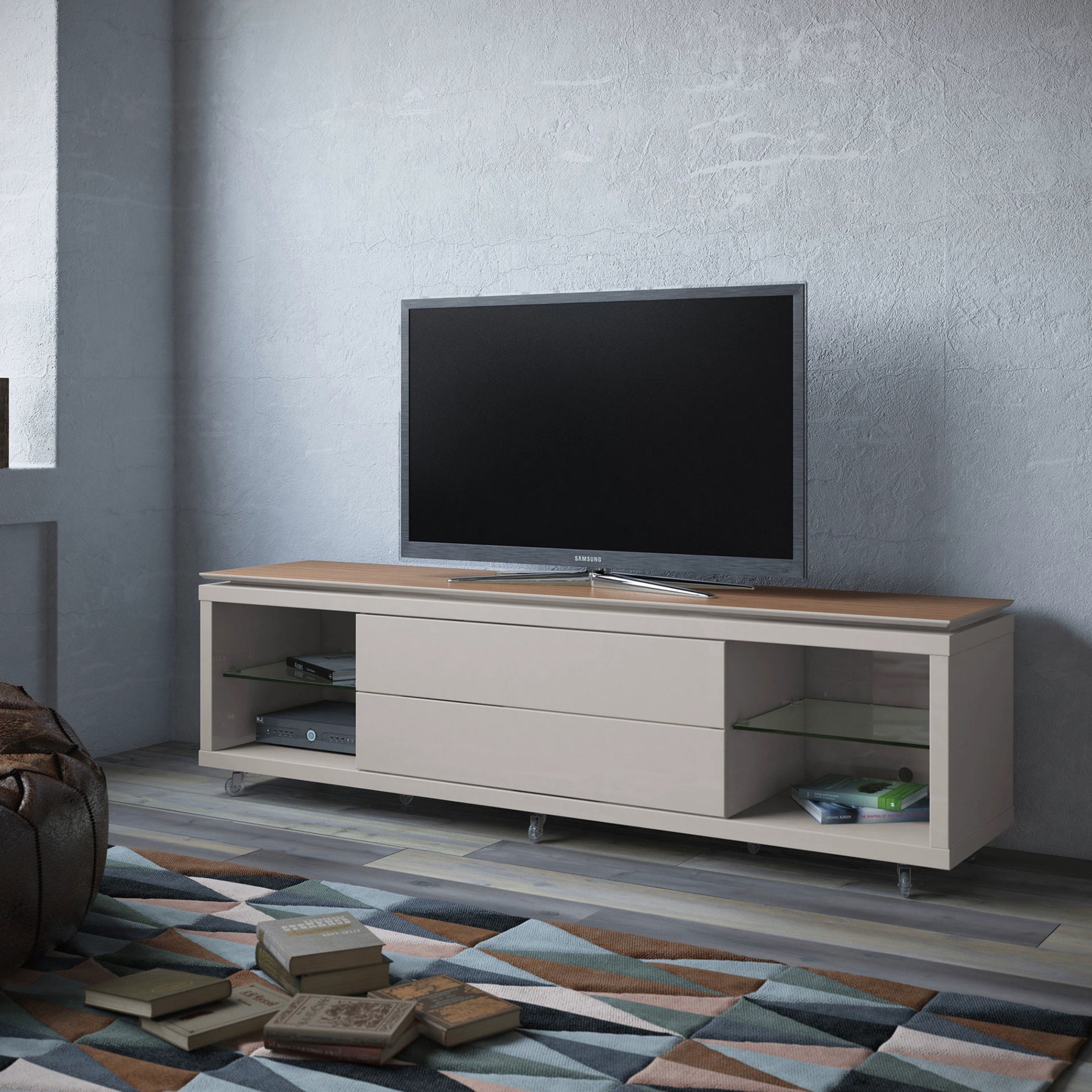 Manhattan Comfort Lincoln TV Stand 1.9 with Silicone Casters in Maple Cream and Off White-Minimal & Modern