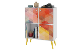 Manhattan Comfort Avesta 45.28 Mid-Century Modern High Double Cabinet with Funky Colorful Design and Solid Wood Legs in White, Color Stamp and Yellow