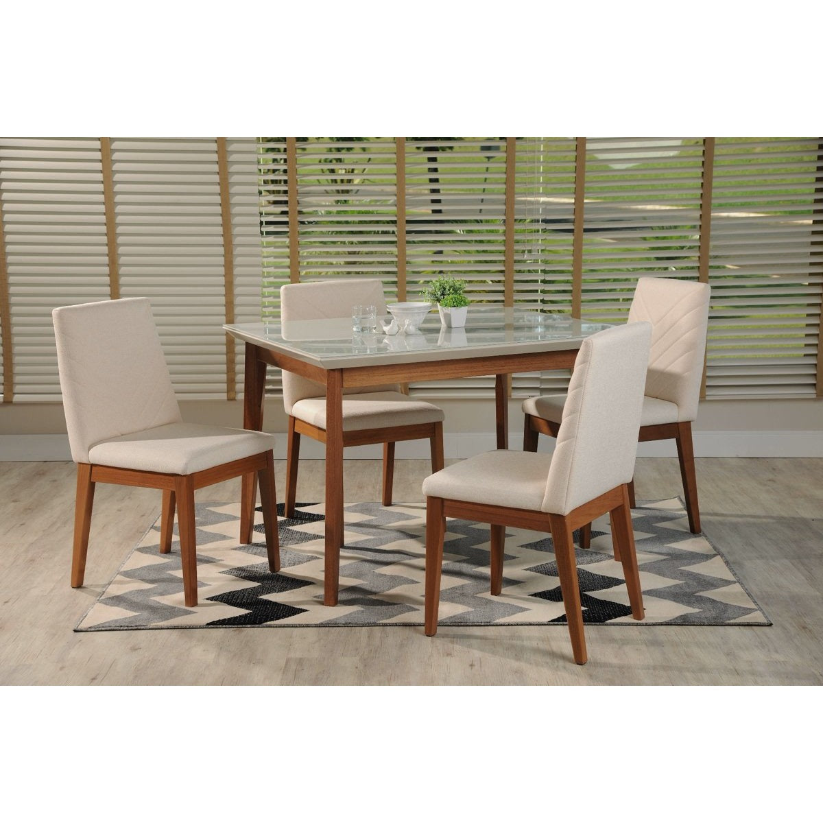 Manhattan Comfort 5-Piece Lillian 45.66" and Catherine Dining Set with 4 Dining Chairs in White Gloss and Beige-Minimal & Modern
