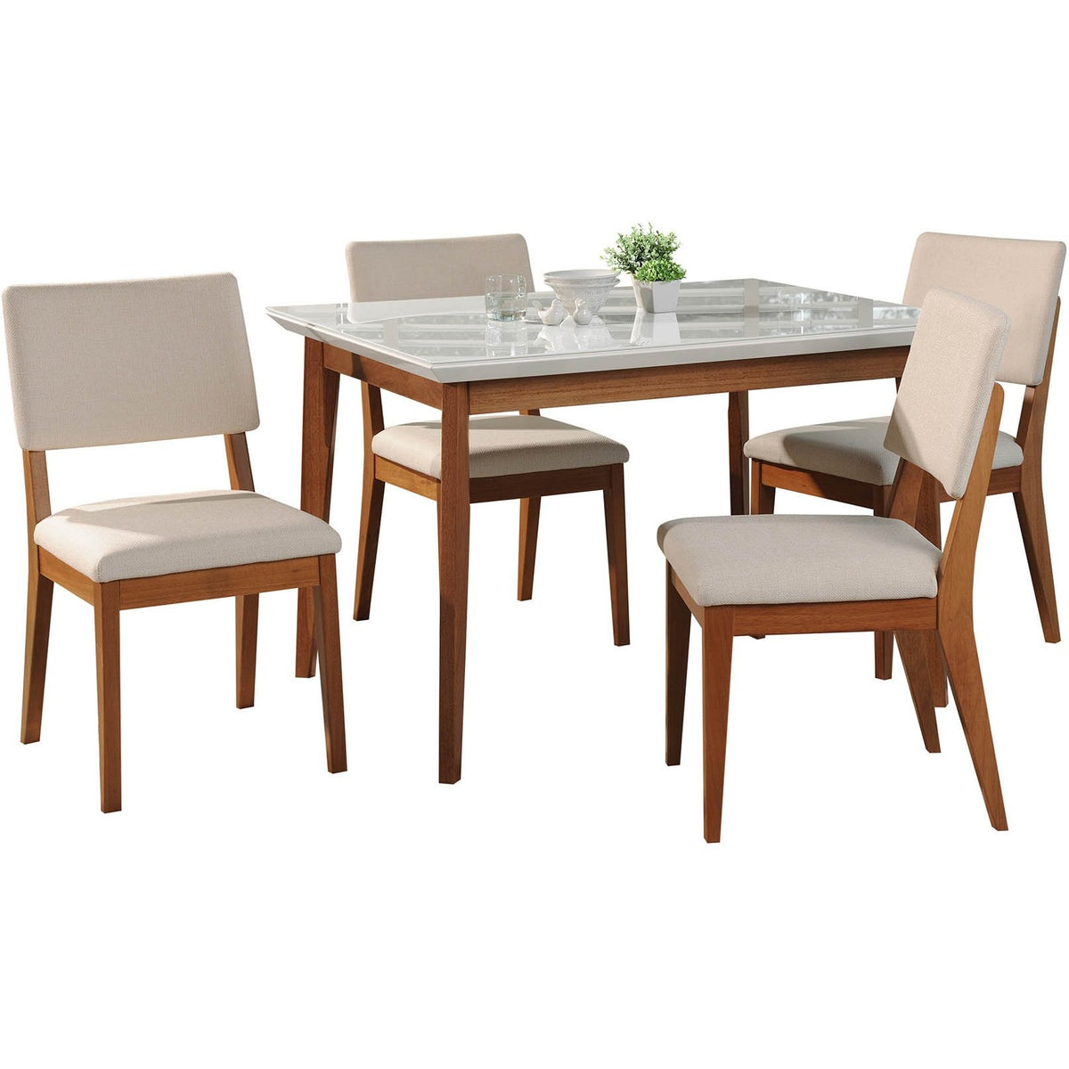 Manhattan Comfort 5-Piece Lillian 45.66" and Dover Dining Set with 4 Dining Chairs in White Gloss and Beige-Minimal & Modern