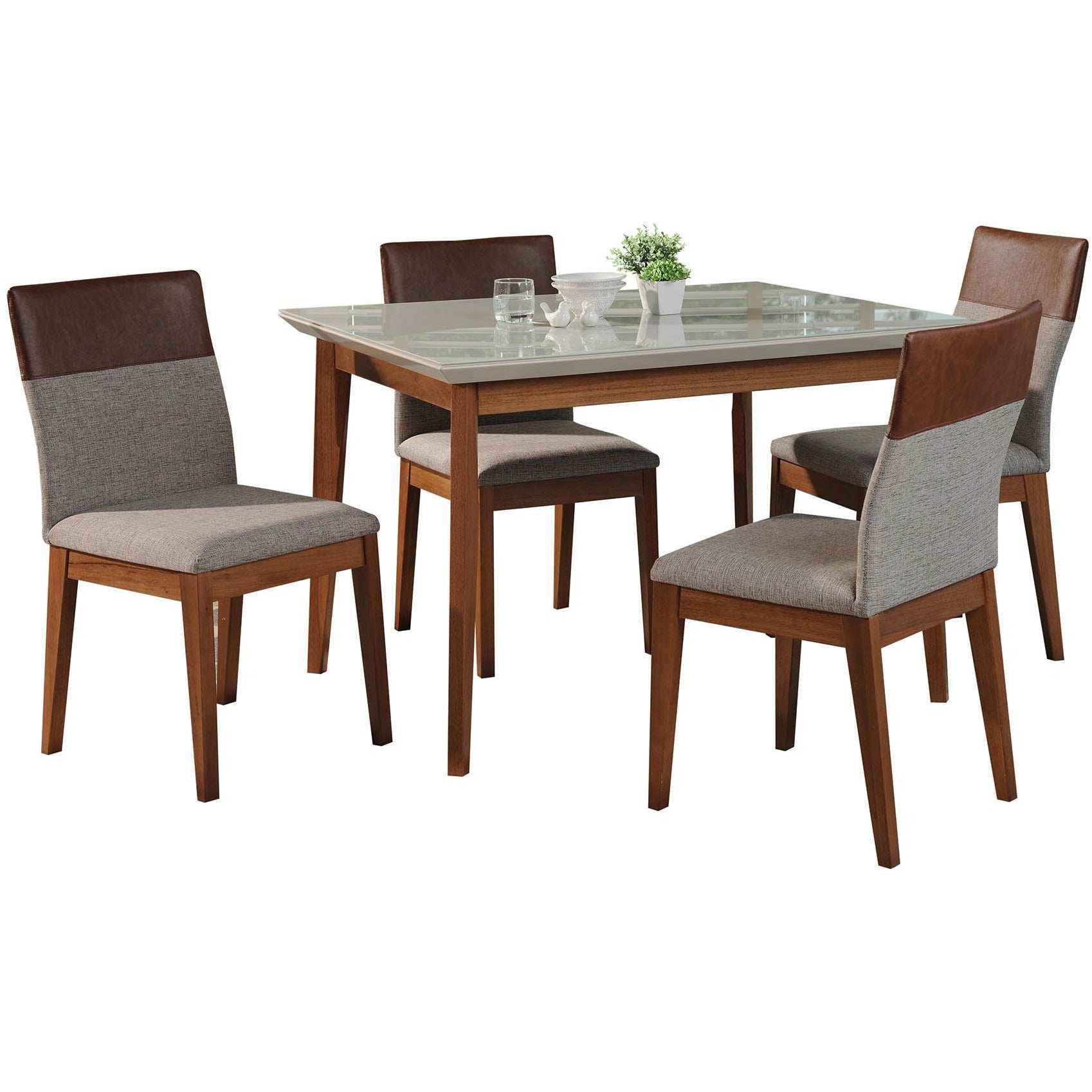 Manhattan Comfort 5-Piece Lillian 45.66" and Duke Dining Set with 4 Dining Chairs in Off White and Grey and Brown-Minimal & Modern