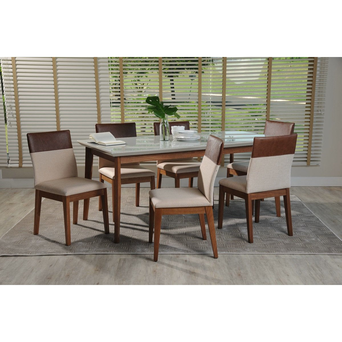 Manhattan Comfort 7-Piece Lillian 62.99" and Duke Dining Set with 6 Dining Chairs in White Gloss and Dark Beige and Brown-Minimal & Modern