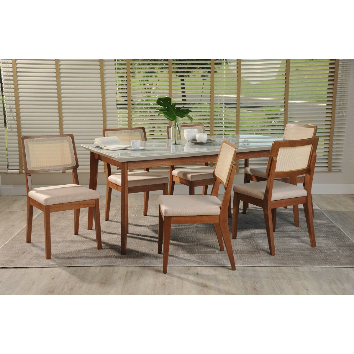 Manhattan Comfort 7-Piece Lillian 62.99" and Pell Dining Set with 6 Dining Chairs in White Gloss and Dark Beige and Maple Cream-Minimal & Modern