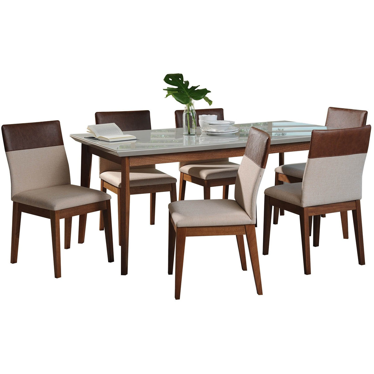 Manhattan Comfort 7-Piece Lillian 62.99" and Duke Dining Set with 6 Dining Chairs in Off White and Dark Beige and Brown-Minimal & Modern