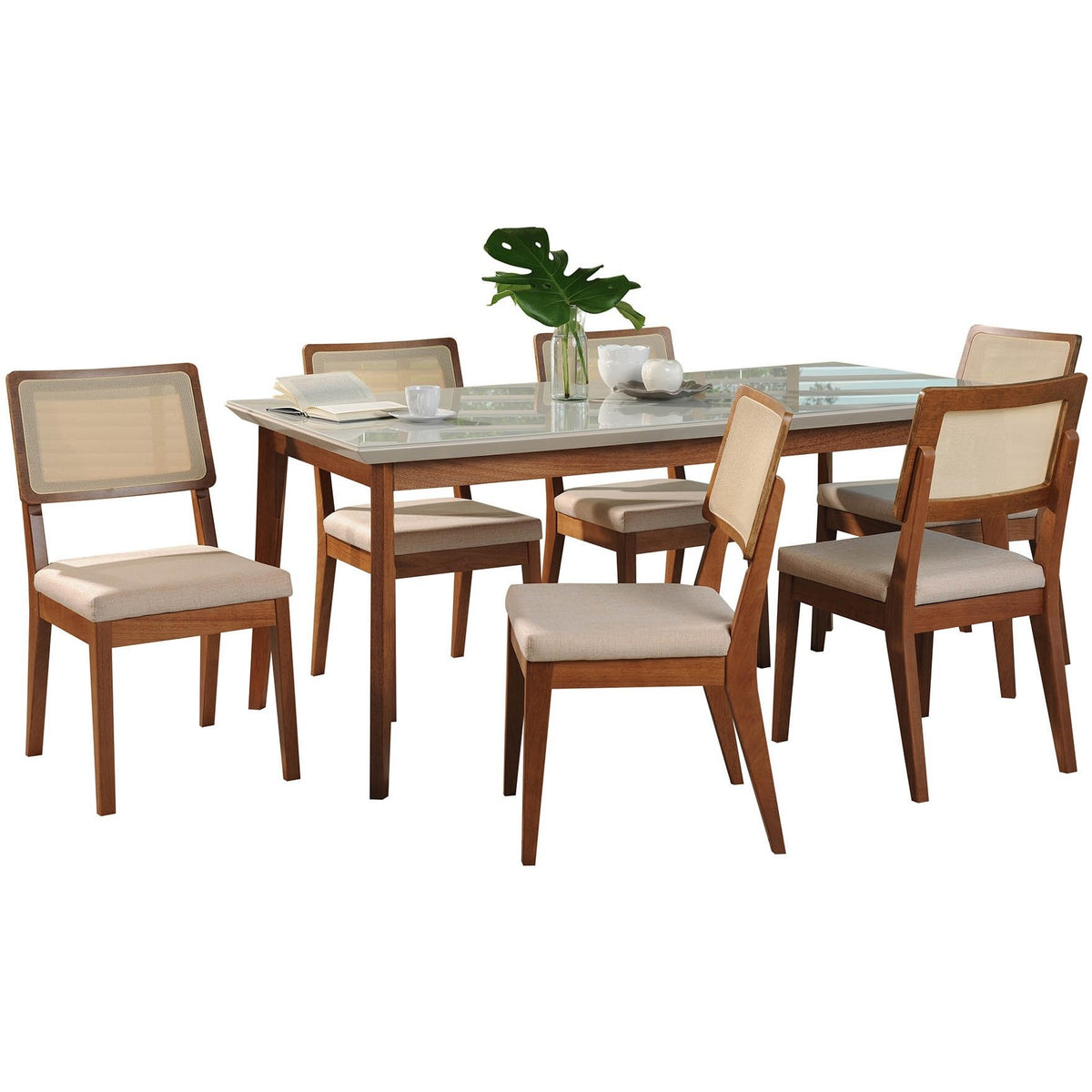 Manhattan Comfort 7-Piece Lillian 62.99" and Pell Dining Set with 6 Dining Chairs in Off White and Dark Beige-Minimal & Modern