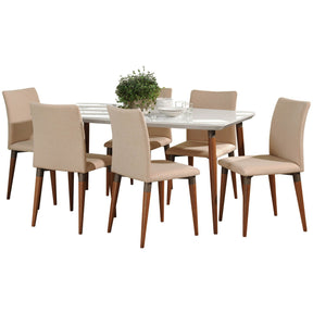 Manhattan Comfort 7-Piece Charles 62.99" Dining Set with 6 Dining Chairs in White Gloss and Dark Beige-Minimal & Modern
