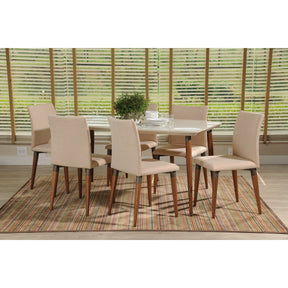 Manhattan Comfort 7-Piece Charles 62.99" Dining Set with 6 Dining Chairs in White Gloss and Dark Beige-Minimal & Modern