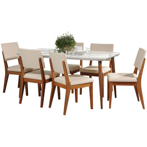 Manhattan Comfort 7-Piece Charles 62.99" and Dover Dining Set with 6 Dining Chairs in White Gloss and Beige-Minimal & Modern