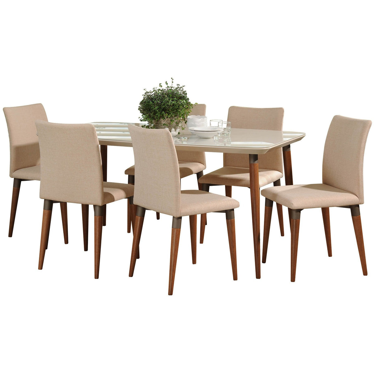 Manhattan Comfort 7-Piece Charles 62.99" Dining Set with 6 Dining Chairs in Off White and Dark Beige-Minimal & Modern