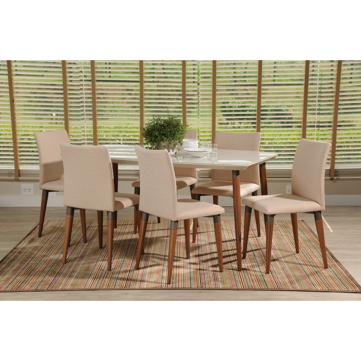 Manhattan Comfort 7-Piece Charles 62.99" Dining Set with 6 Dining Chairs in Off White and Dark Beige-Minimal & Modern