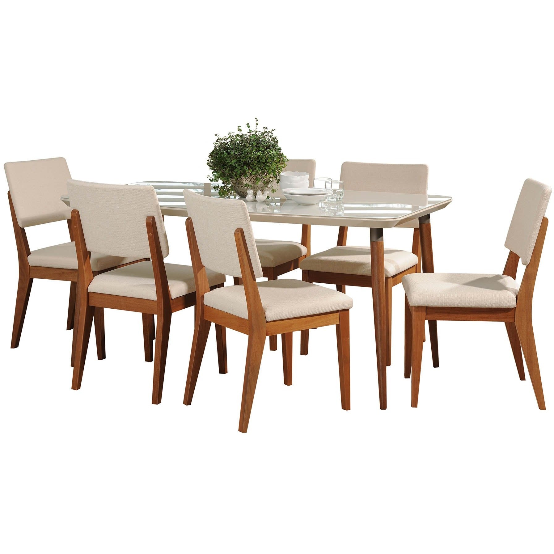 Manhattan Comfort 7-Piece Charles 62.99" and Dover Dining Set with 6 Dining Chairs in Off White and Beige-Minimal & Modern
