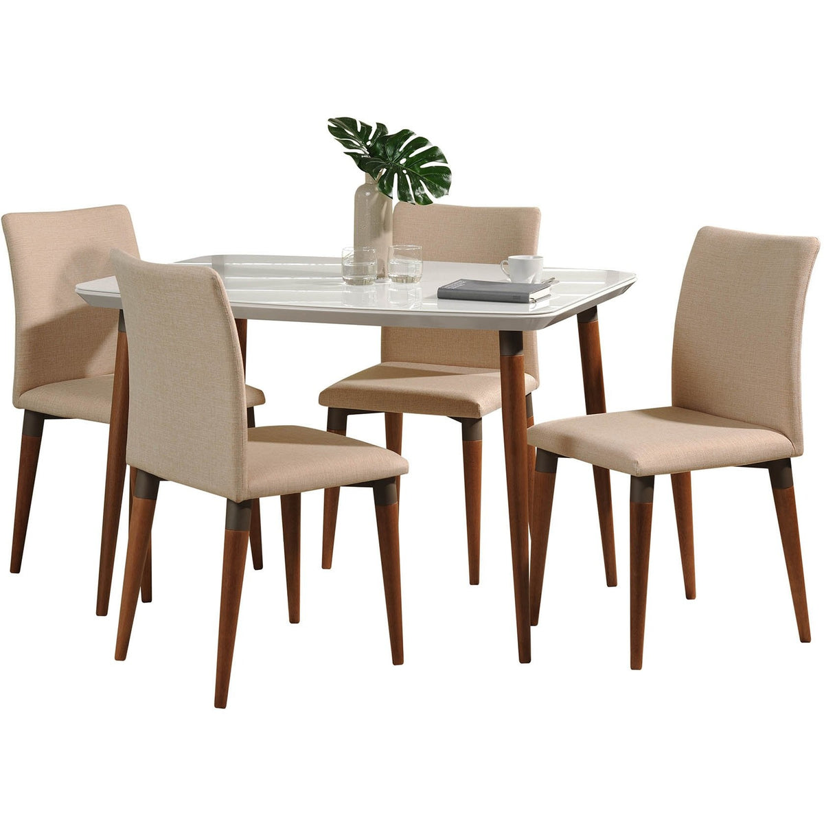 Manhattan Comfort 5-Piece Charles 45.27" Dining Set with 4 Dining Chairs in White Gloss and Dark Beige-Minimal & Modern