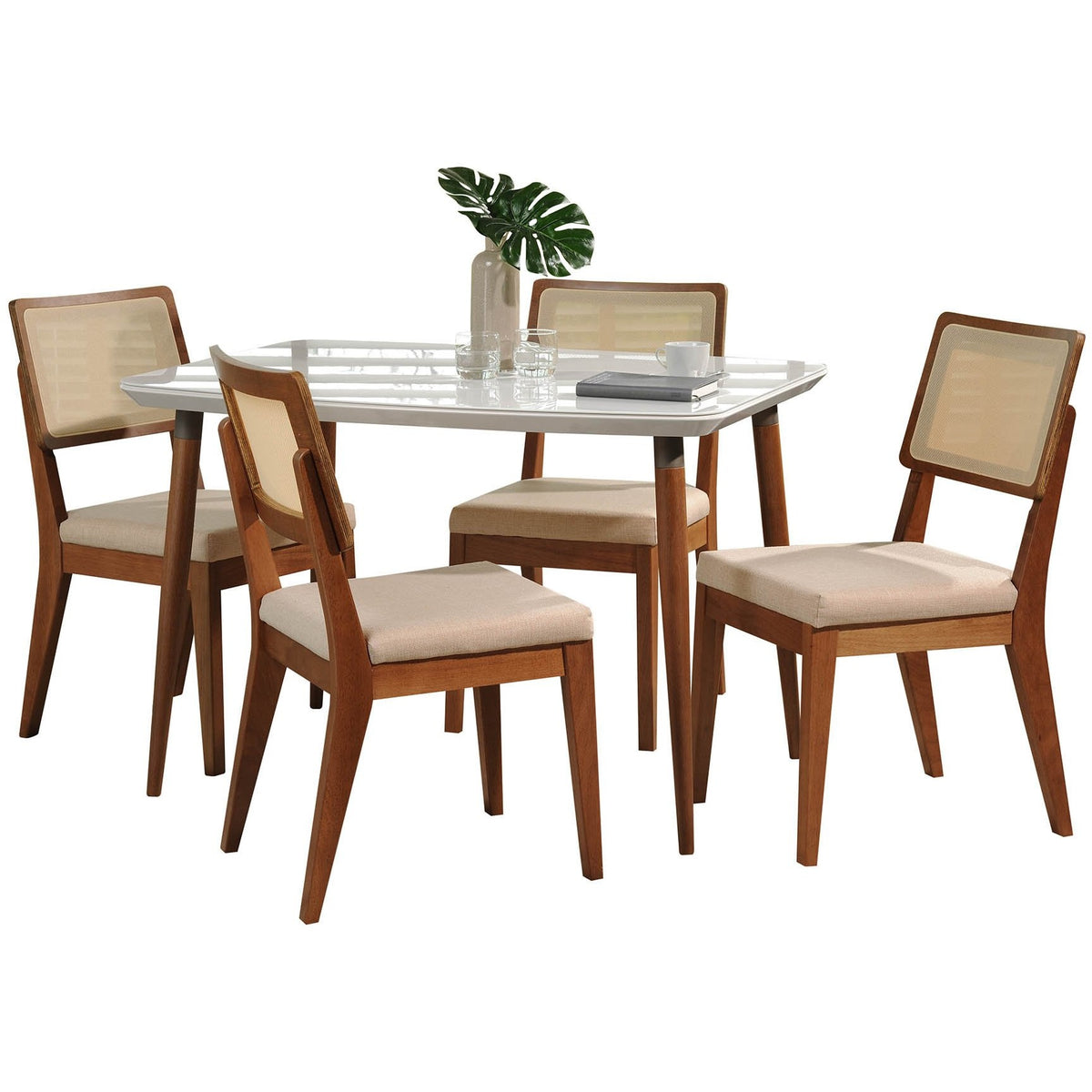 Manhattan Comfort 5-Piece Charles 45.27" and Pell Dining Set with 4 Dining Chairs in White Gloss and Dark Beige-Minimal & Modern