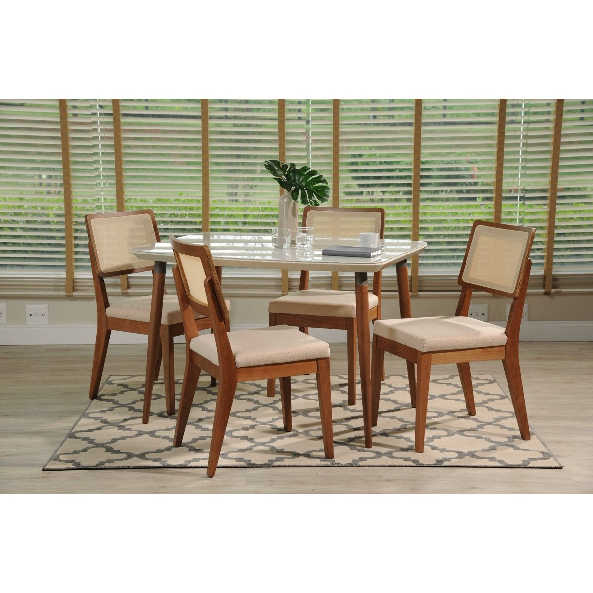 Manhattan Comfort 5-Piece Charles 45.27" and Pell Dining Set with 4 Dining Chairs in White Gloss and Dark Beige-Minimal & Modern