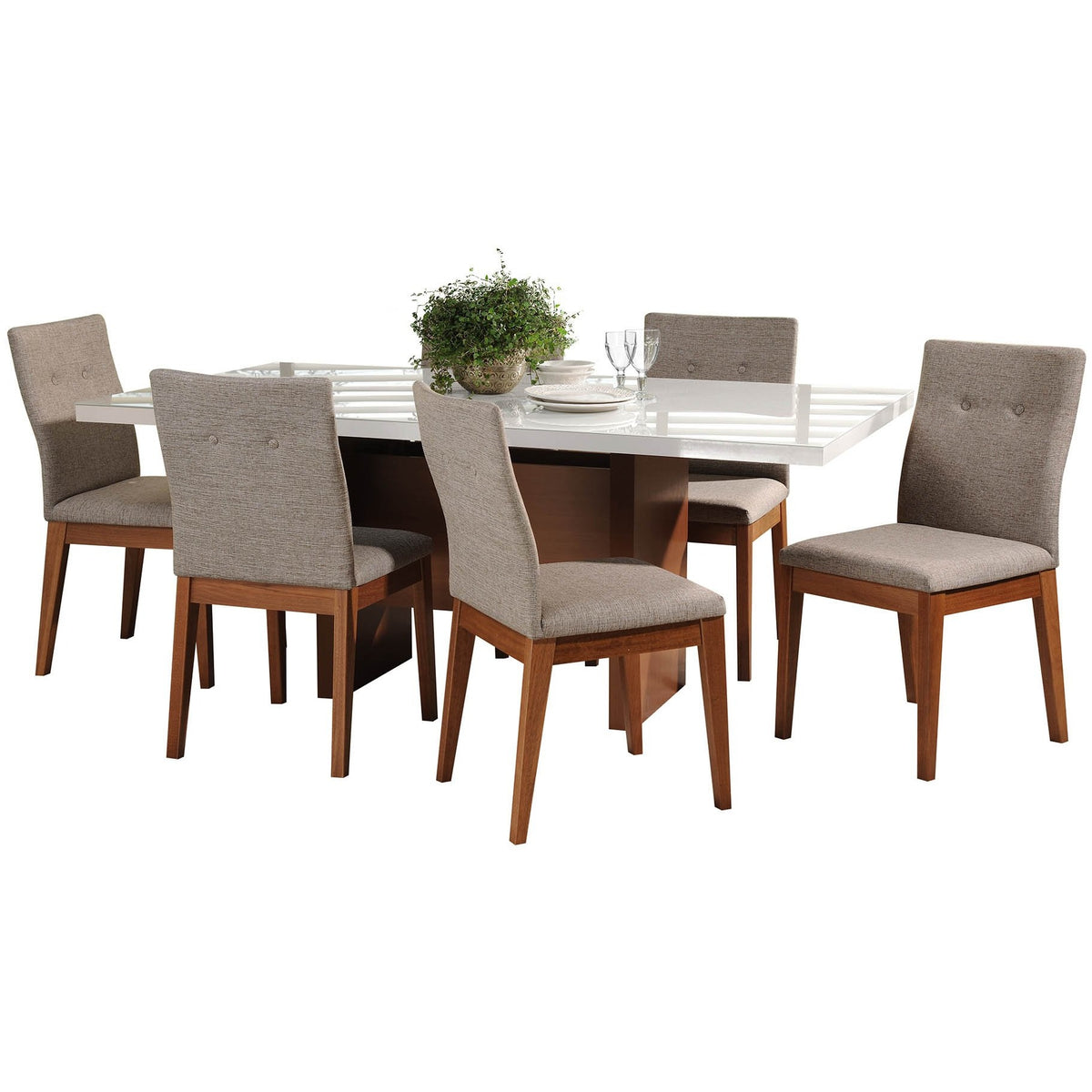 Manhattan Comfort 7-Piece Dover 72.04" and Leroy Dining Set with 6 Dining Chairs in White Gloss and Grey-Minimal & Modern