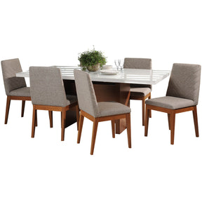 Manhattan Comfort 7-Piece Dover 72.04" and Catherine Dining Set with 6 Dining Chairs in White Gloss and Grey-Minimal & Modern