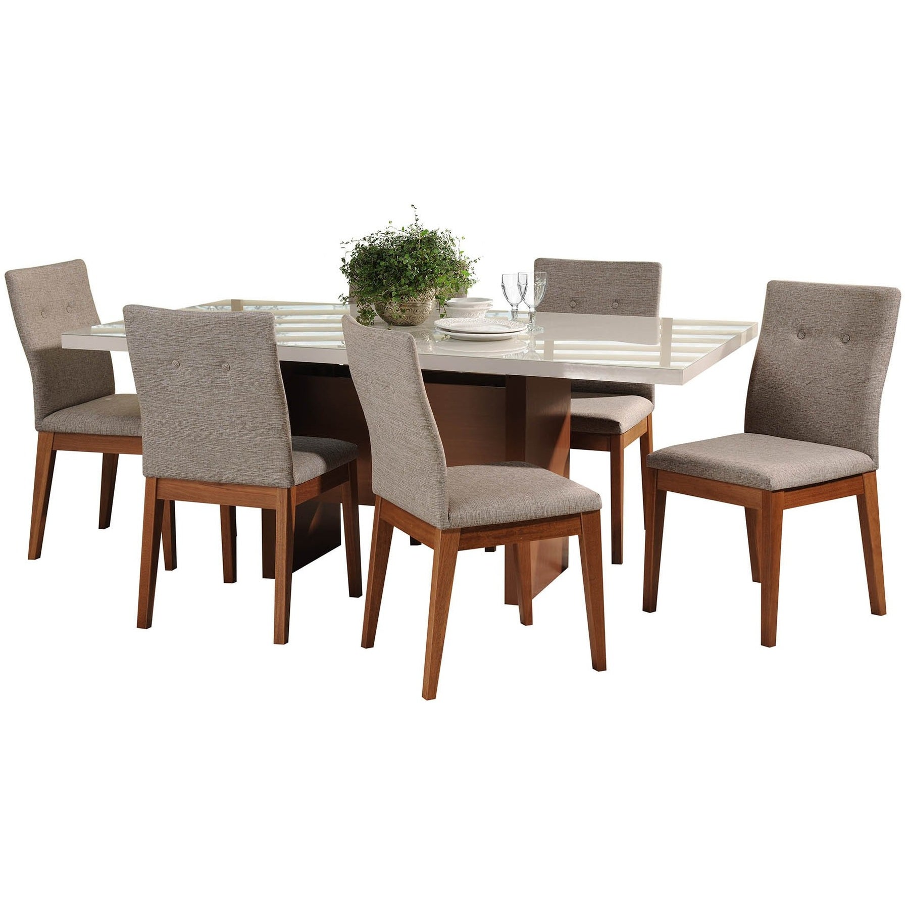 Manhattan Comfort 7-Piece Dover 72.04" and Leroy Dining Set with 6 Dining Chairs in Off White and Grey-Minimal & Modern