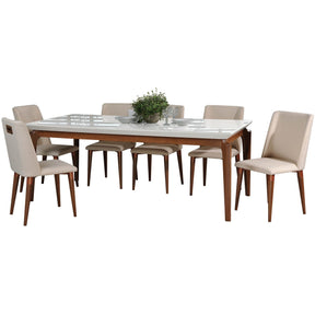 Manhattan Comfort 7-Piece Payson 82.67" and Tampa Dining Set with 6 Dining Chairs in White Gloss and Dark Beige-Minimal & Modern