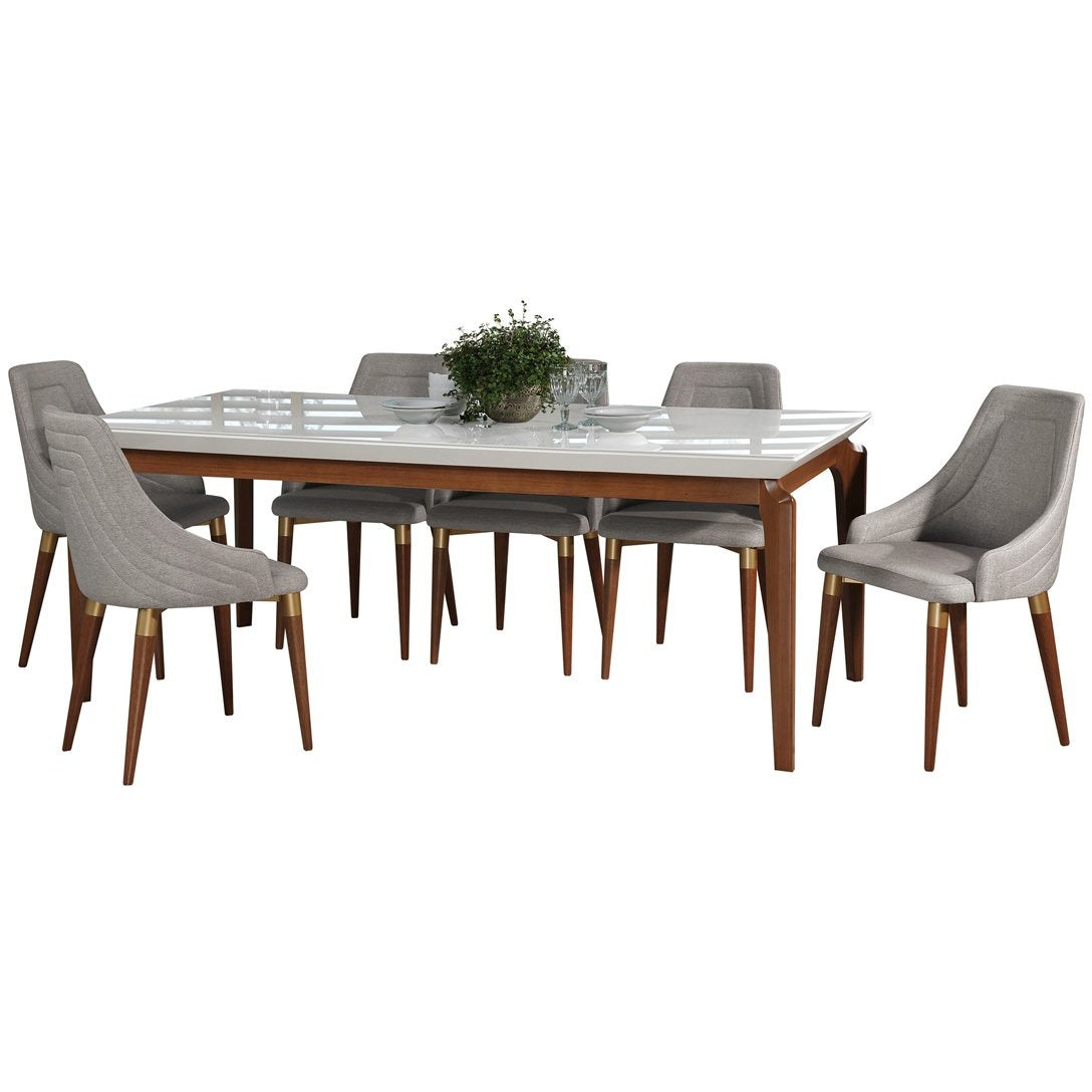 Manhattan Comfort 7-Piece Payson 82.67" and Utopia 2.0 Dining Set with 6 Dining Chairs in White Gloss and Grey-Minimal & Modern