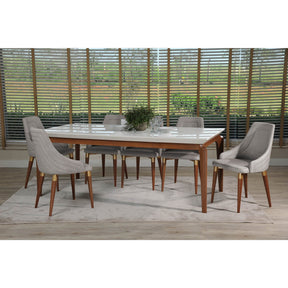 Manhattan Comfort 7-Piece Payson 82.67" and Utopia 2.0 Dining Set with 6 Dining Chairs in White Gloss and Grey-Minimal & Modern