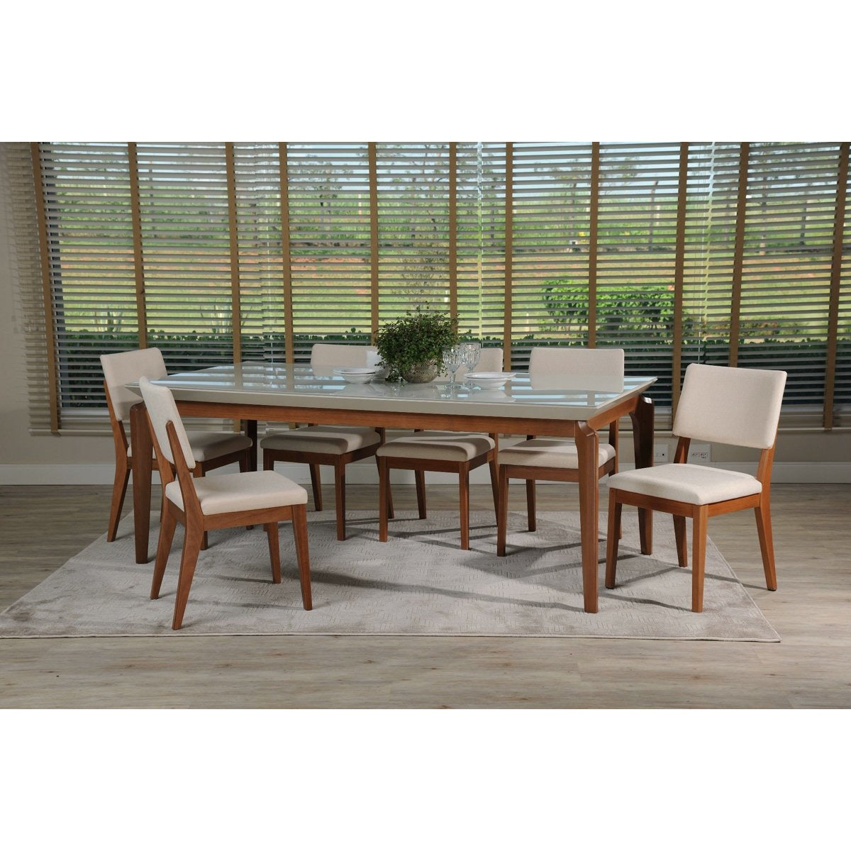 Manhattan Comfort 7-Piece Payson 82.67" and Dover Dining Set with 6 Dining Chairs in White Gloss and Beige-Minimal & Modern